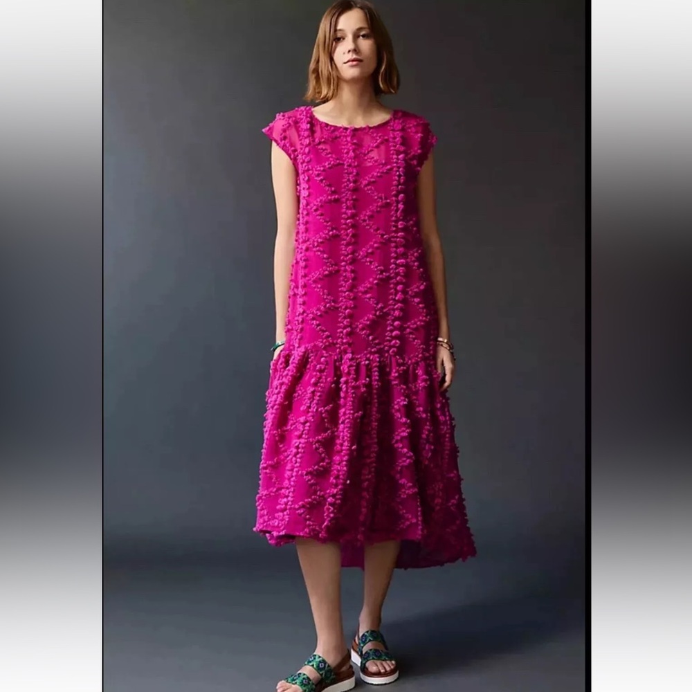 Anthropologie Maeve Blythe Textured Midi Dress Tulle Tier Pink Magenta LP.